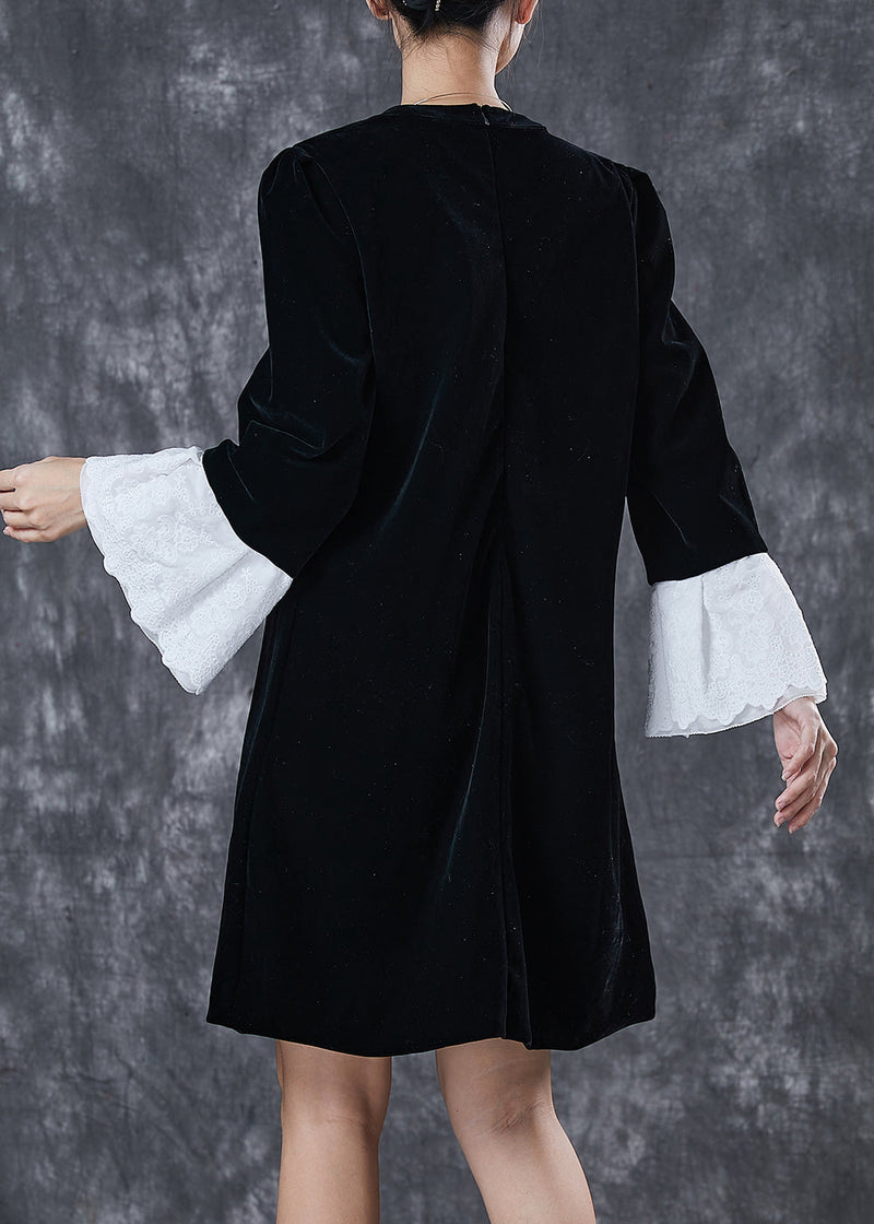 French Black Hollow Out Velour Holiday Dress Flare Sleeve