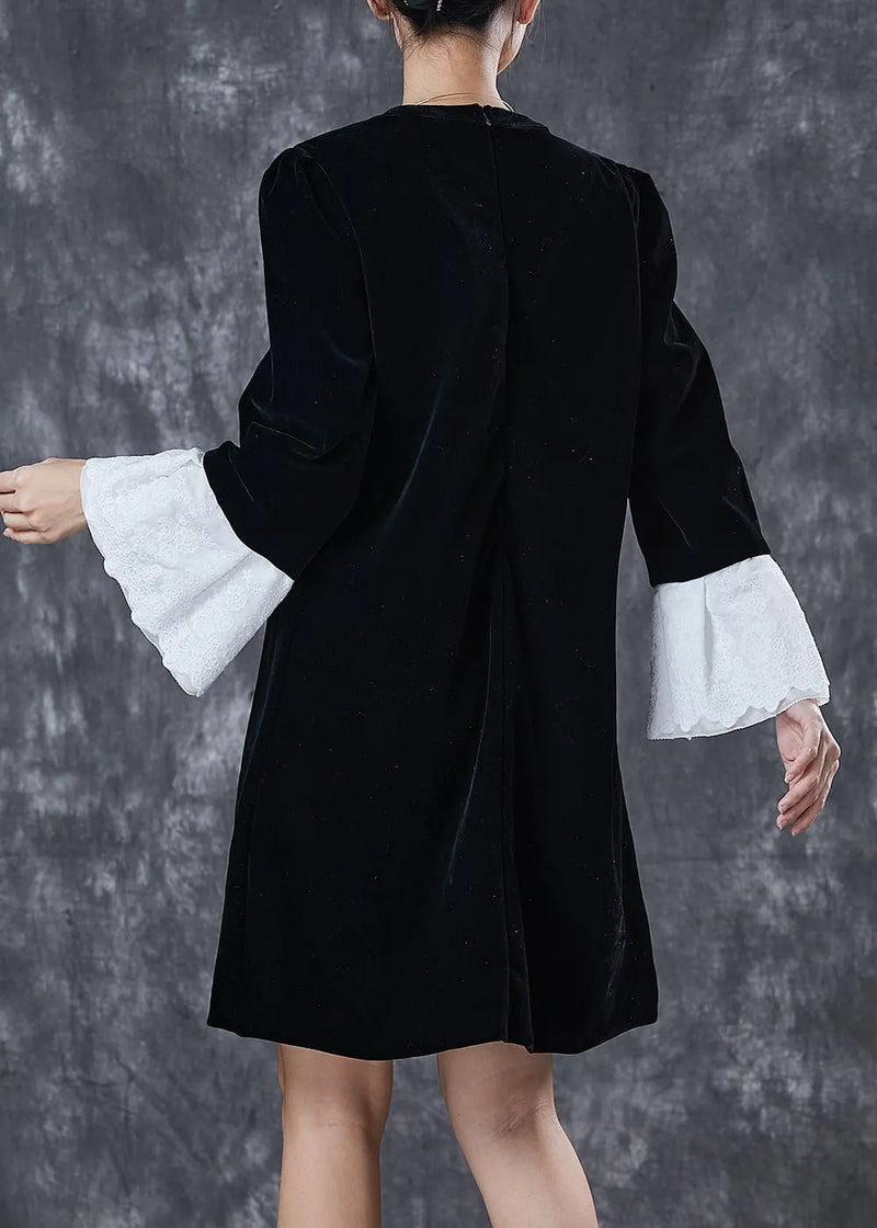 French Black Hollow Out Velour Holiday Dress Flare Sleeve