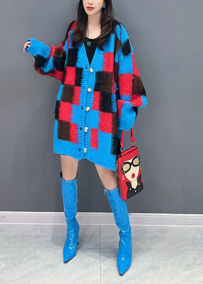Blue Plaid V Neck Button Patchwork Knit Cardigan Fall