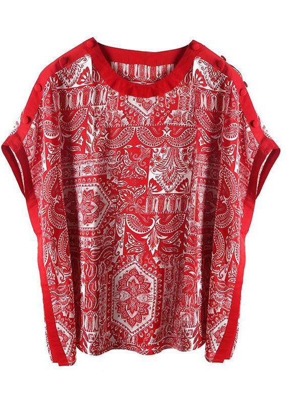 Red O-neck Print Draping Chiffon Tank Tops Short Sleeve