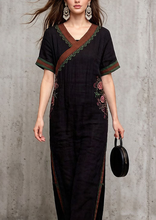 Black V Neck Embroidered Cotton Dress Summer