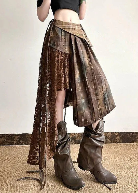 Plaid Asymmetrical Lace Patchwork Cotton Skirt Summer