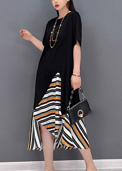 Stylish Black O-neck Asymmetrical Chiffon Patchwork Long Dress Short Sleeve