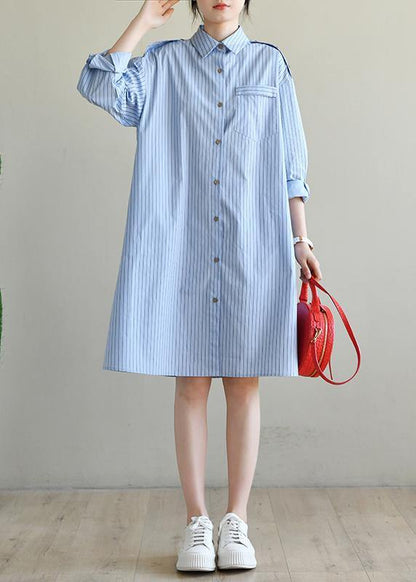 Blue Striped Cotton Long Sleeve Spring Dresses