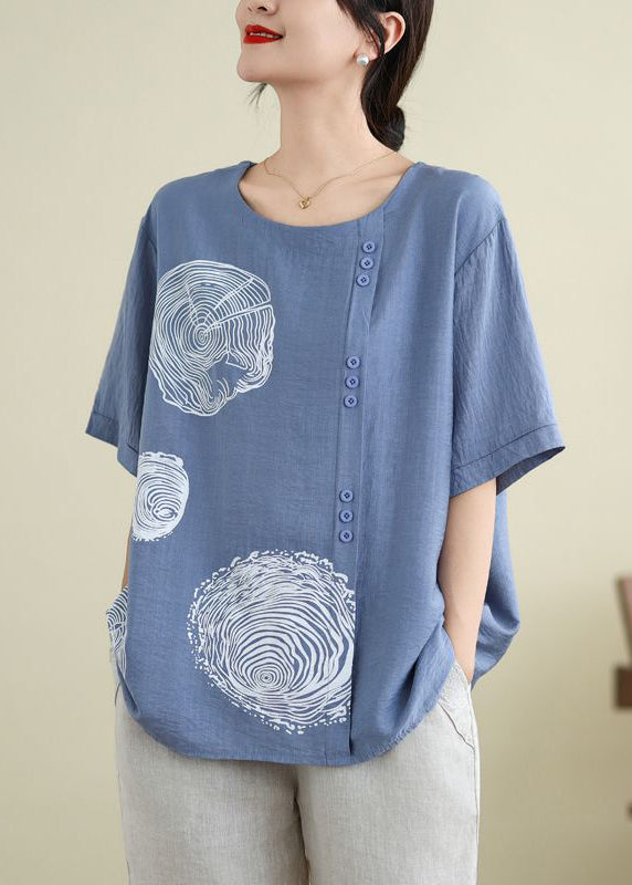 Blue O-neck Print Ice Silk T Shirt Summer