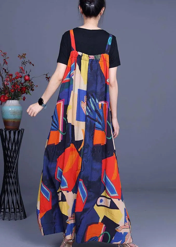 Summer Printed Dress Rayon Irregular Suspender Skirt + Black T-shirt Two Piece Set