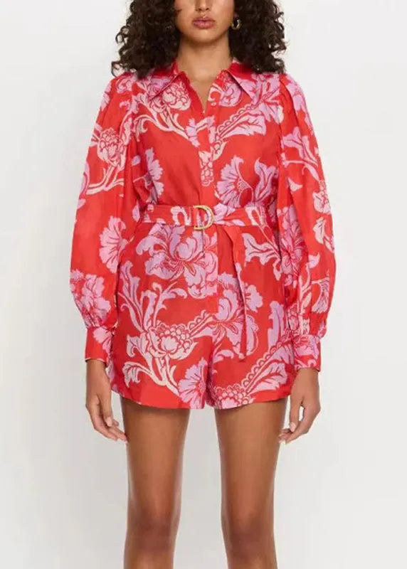 French Red Peter Pan Collar Print Sashes Jumpsuit Fall