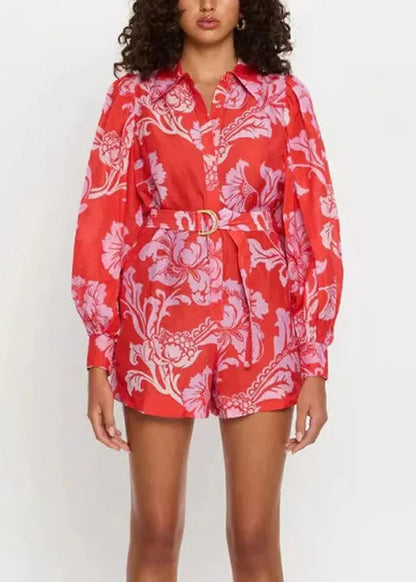 French Red Peter Pan Collar Print Sashes Jumpsuit Fall