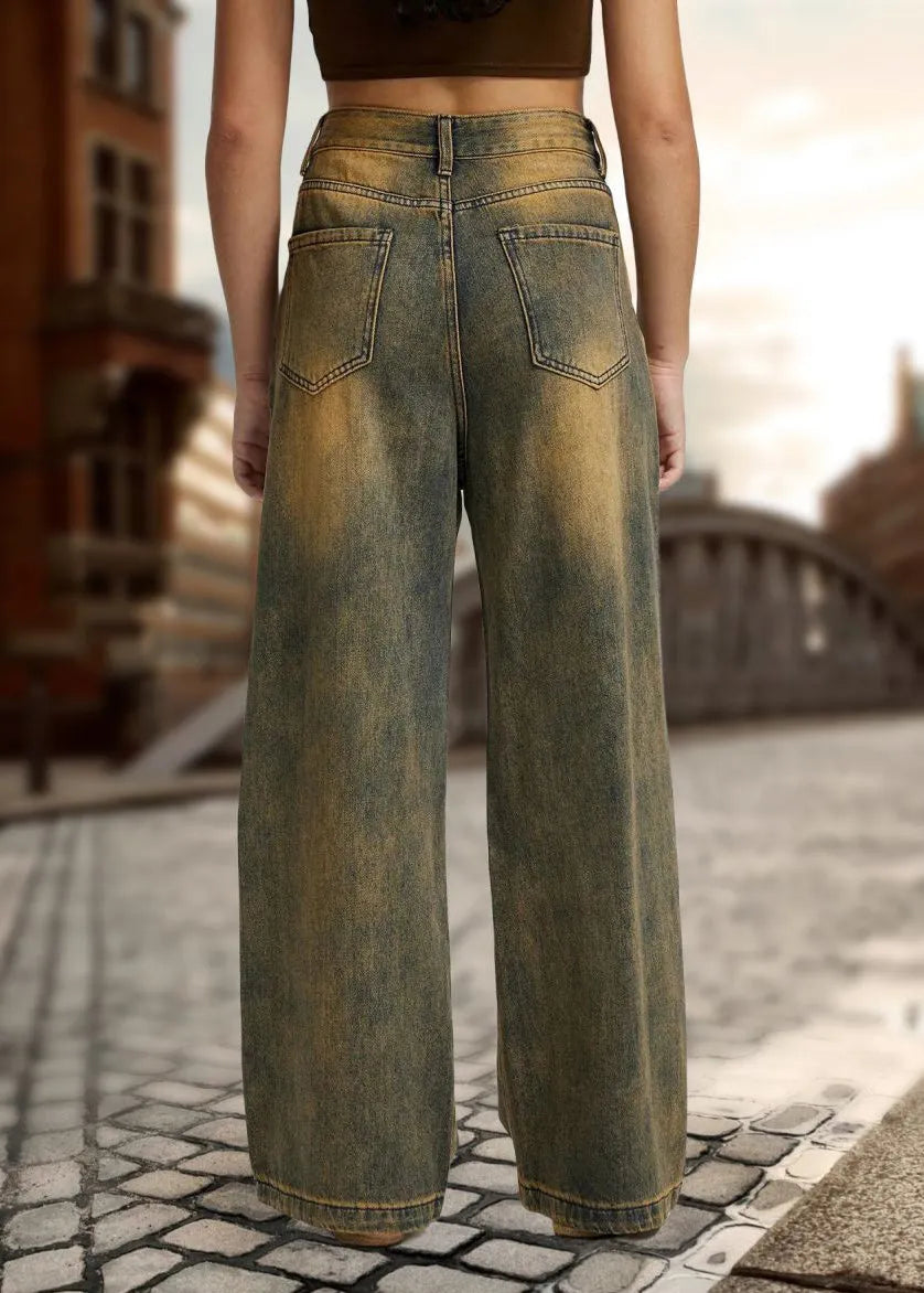 Patchwork High Waist Straight Denim Pants Fall