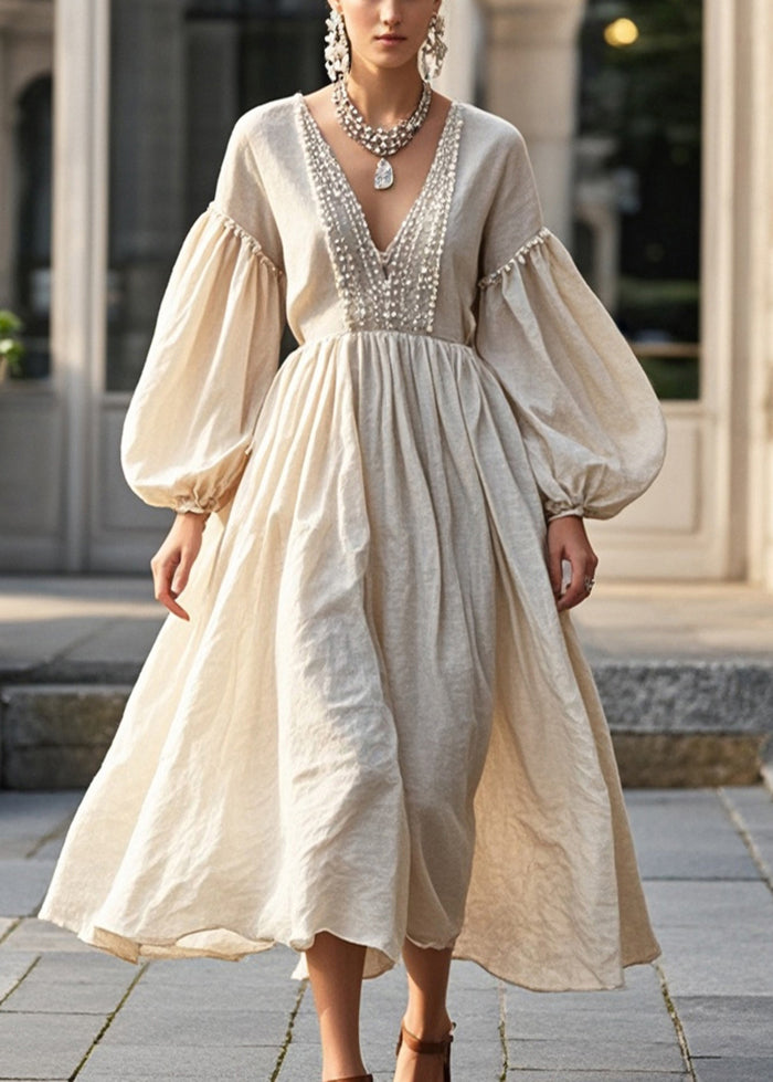 Beige Nail Bead Cotton Maxi Dresses Lantern Sleeve