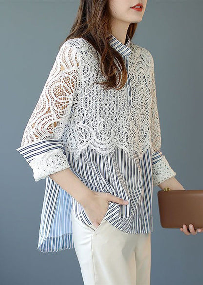 Italian Blue Striped Lace Patchwork Cotton Shirt Spring