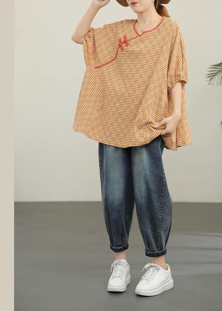 Loose Yellow Plaid Oriental Cotton Summer Tops