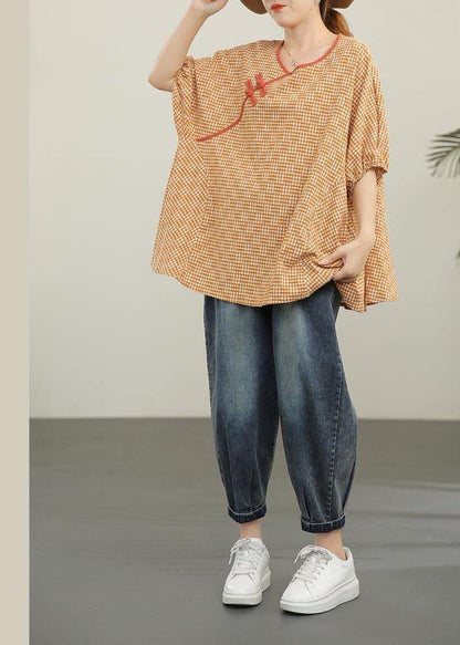 Loose Yellow Plaid Oriental Cotton Summer Tops