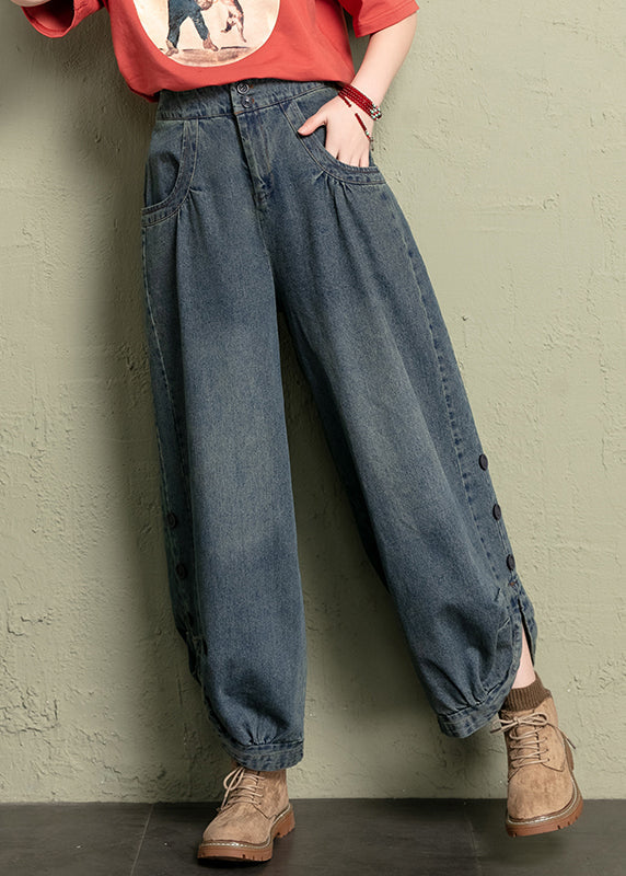 Blue Button Pockets Elastic Waist Jeans Spring