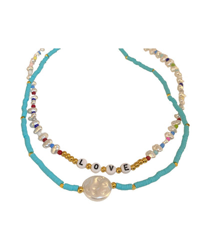 Blue Alloy Acrylic Pearl Bilayer Beading Gratuated Bead Necklace