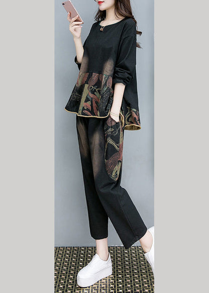 Black O-neck Print Top and Pants Two Pieces Set Fall