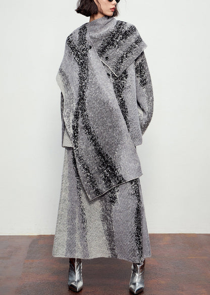 Natural Grey Button Cotton Knit Scarf,cardigans and Maxi Skirtsthree Pieces Set Winter