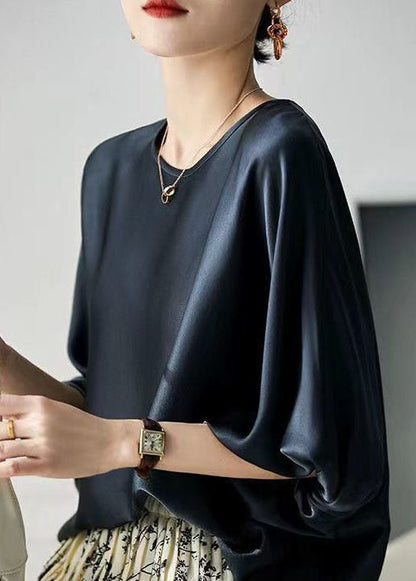 Navy O-neck Oversized Slid Silk Blouse Top Batwing Sleeve