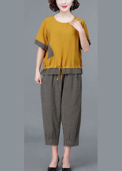 Yellow O-neck Plaid Linen Tops and Crop Harem Pants Two Pieces Set Short Sleeve