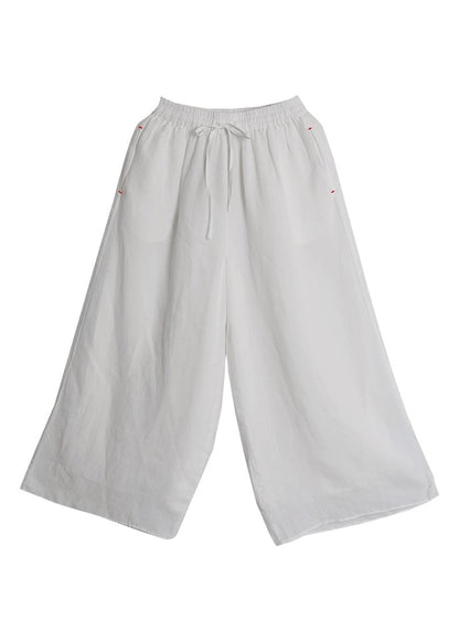 White Elastic Waist Drawstring Pockets Linen Wide Leg Pants Spring