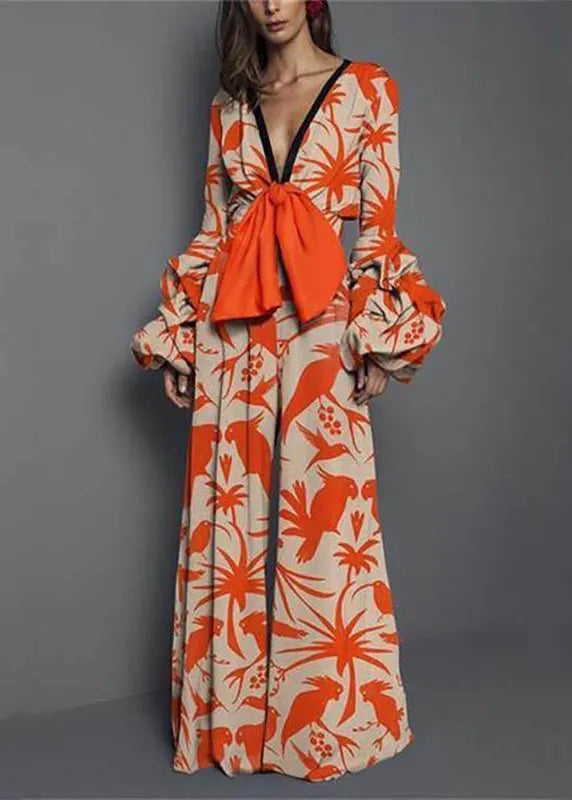 Red V Neck Print Patchwork Jumpsuits Long Sleeve Spring