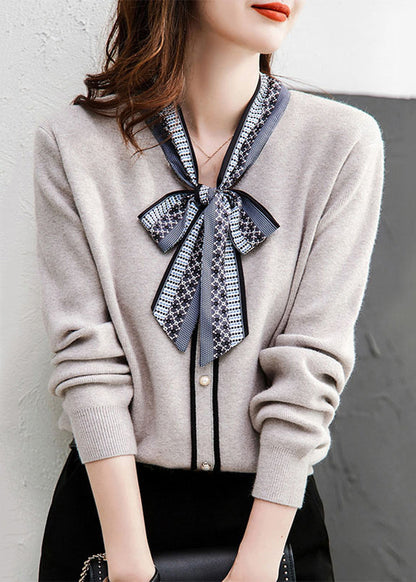Grey Lace Up Button Patchwork Knit Sweaters Long Sleeve