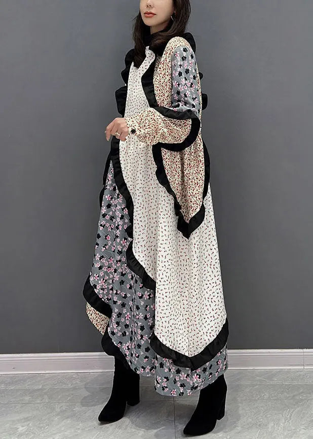 Colorblock Stand Collar Asymmetrical Patchwork Ruffles Long Dress Fall