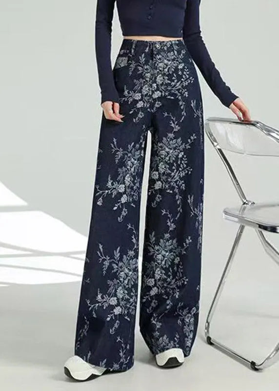 Jacquard Dark Blue Pockets Print Wide Leg Jeans