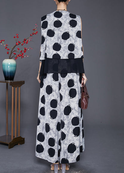 White Asymmetrical Patchwork Circles Cotton Two Piece Set Outfits Fall