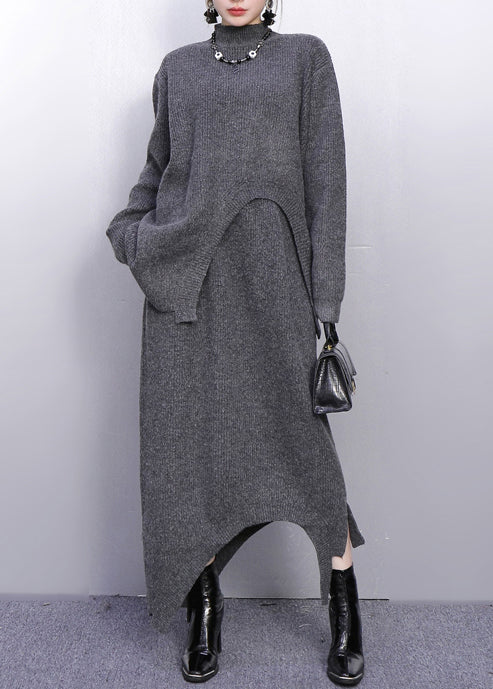 Grey High Neck Side Open Knit Two Pieces Set Winter