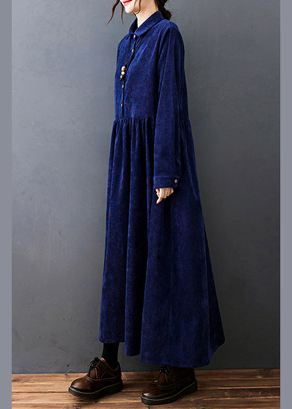 Blue Peter Pan Collar Wrinkled Corduroy Vacation Dresses Long Sleeve