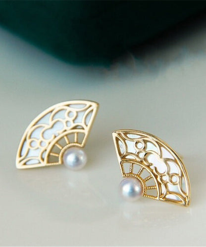 Retro Orange Copper Overgild Gold Fan-shaped Shell Stud Earrings