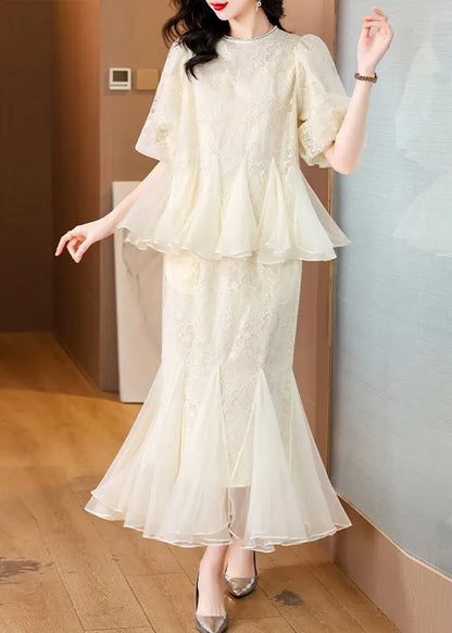 Beige Embroidered Tops and Fishtail Skirt Silk Two Pieces Set Summer