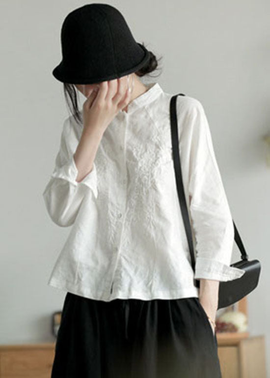 White Stand Collar Button Embroideried Shirt Top Long Sleeve