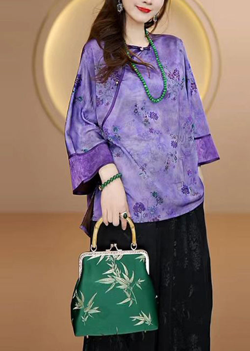 Purple O Neck Print Button Silk Shirts Fall
