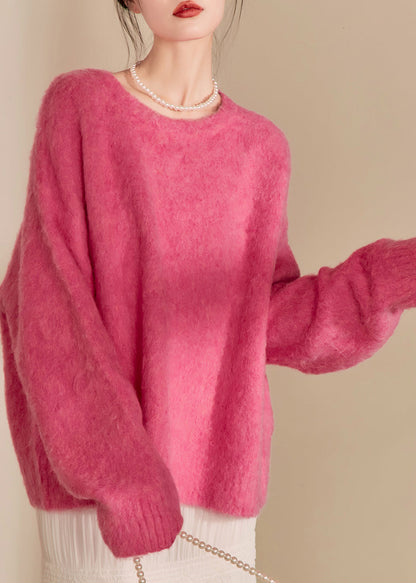 Pink O-neck Thick Cotton Knit Sweaters Winter