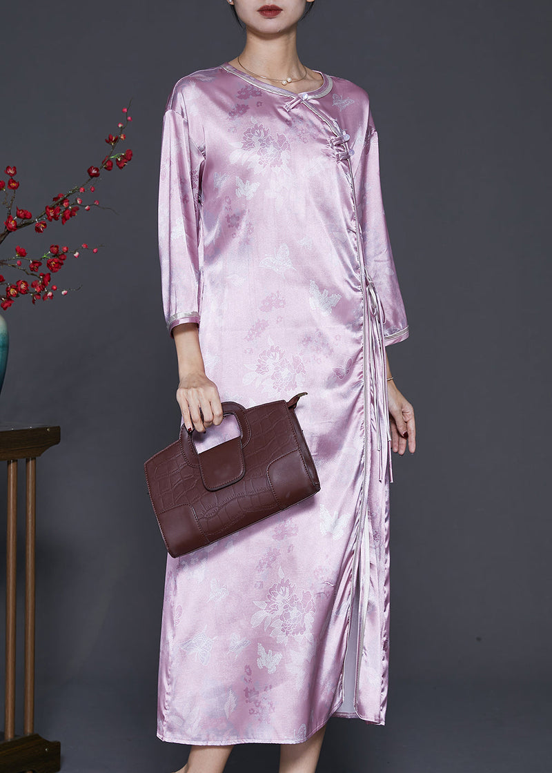 Purple Jacquard Oriental Silk Maxi Dresses Bracelet Sleeve