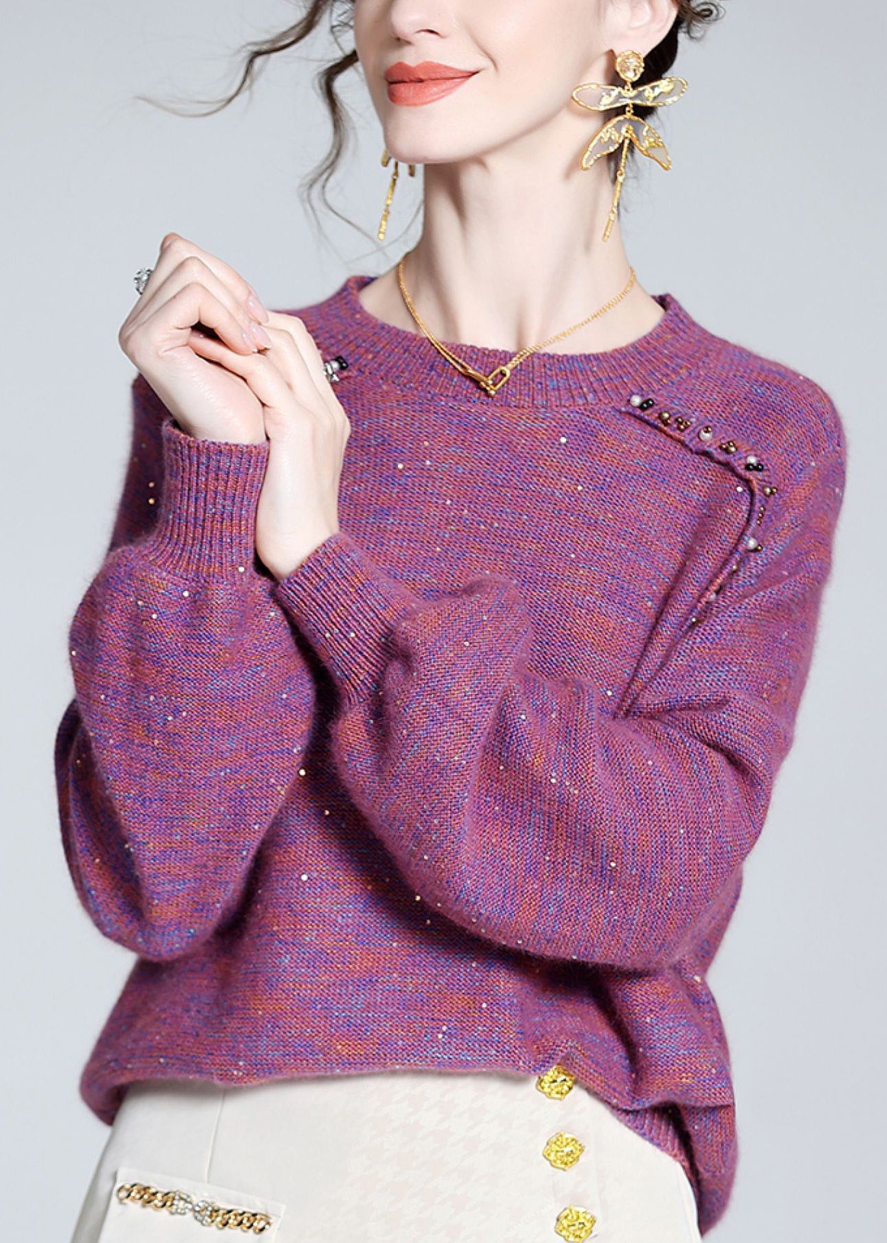Style Purple O-neck Nail Bead Cashmere Knit Sweaters Spring