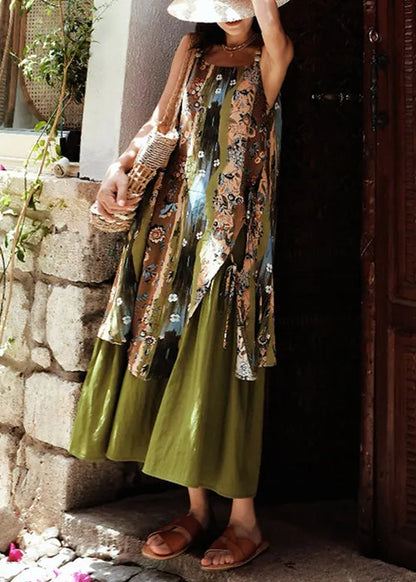 New Green Print Side Open Patchwork Cotton Spaghetti Strap Dress Sleeveless