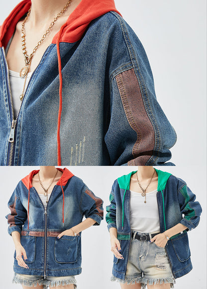 Red Hooded Patchwork Denim Coats Fall