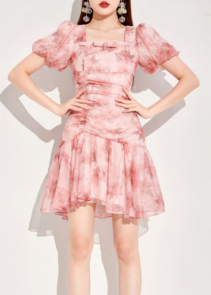 French Pink Square Collar Puff Sleeve Asymmetrical Print Chiffon Dress