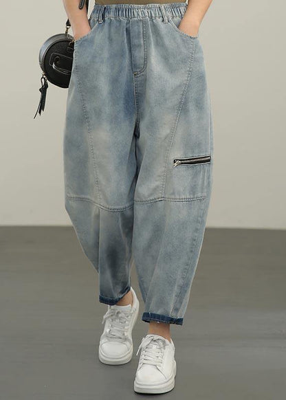 Natural Blue High Waist Zippered Harem Summer Pants