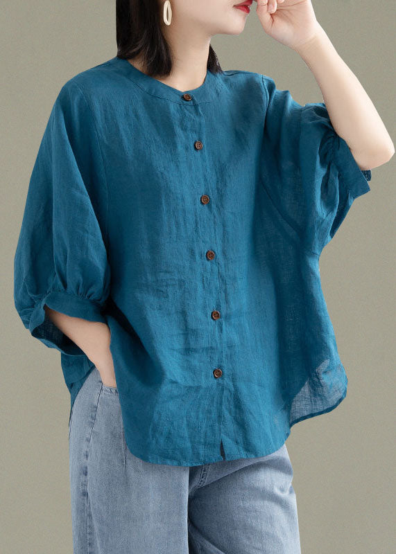 Art White Flowers O-neck Button Linen Loose Shirt Top Lantern Sleeve