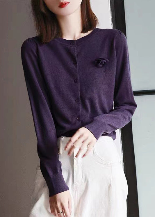 Purple O Neck Patchwork Woolen Knit Cardigans Fall