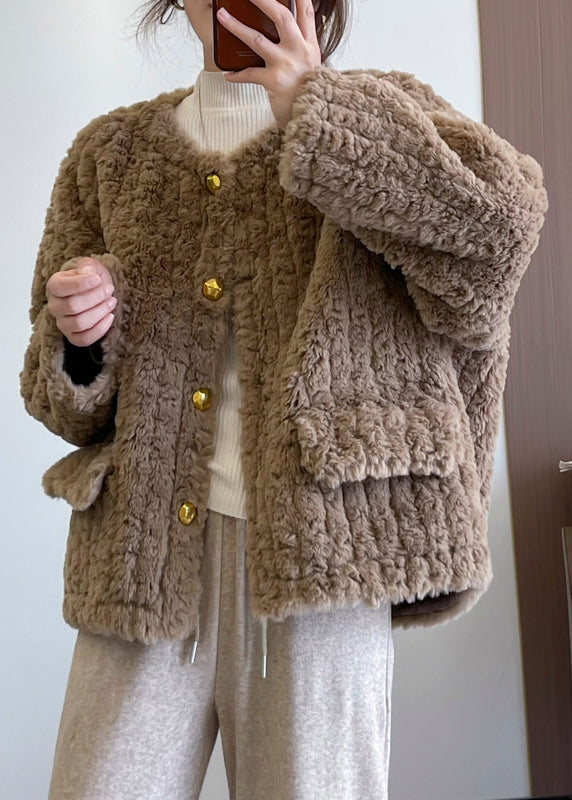 Khaki Thick Faux Fur Teddy Coat Winter