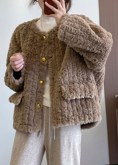 Khaki Thick Faux Fur Teddy Coat Winter