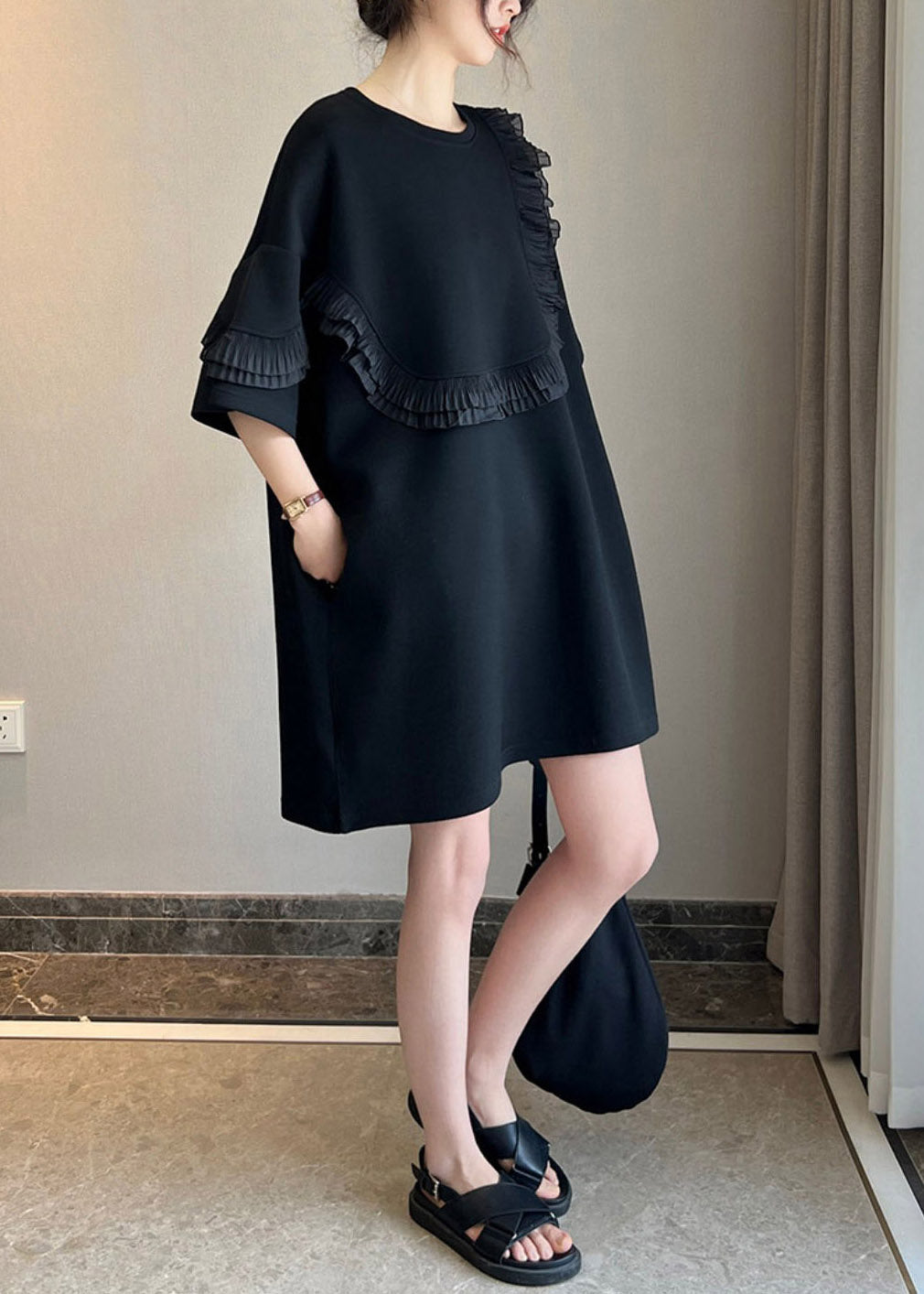 Stylish Black O-neck Ruffled Patchwork Mid Dresses Short Sleeve