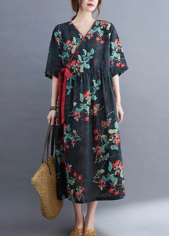 Navy Patchwork Linen Holiday Dresses Tie Waist Short Sleeve