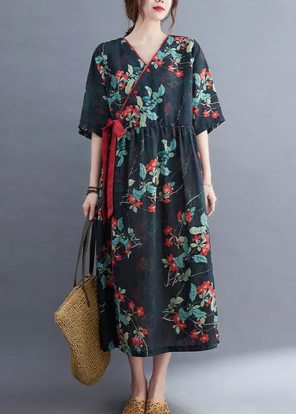 Navy Patchwork Linen Holiday Dresses Tie Waist Short Sleeve