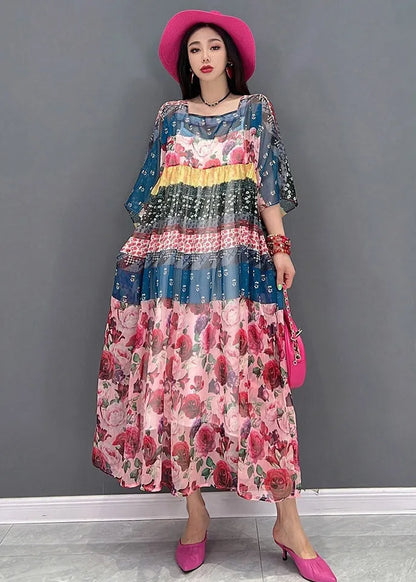 Square Collar Print Chiffon Long Dresses Short Sleeve